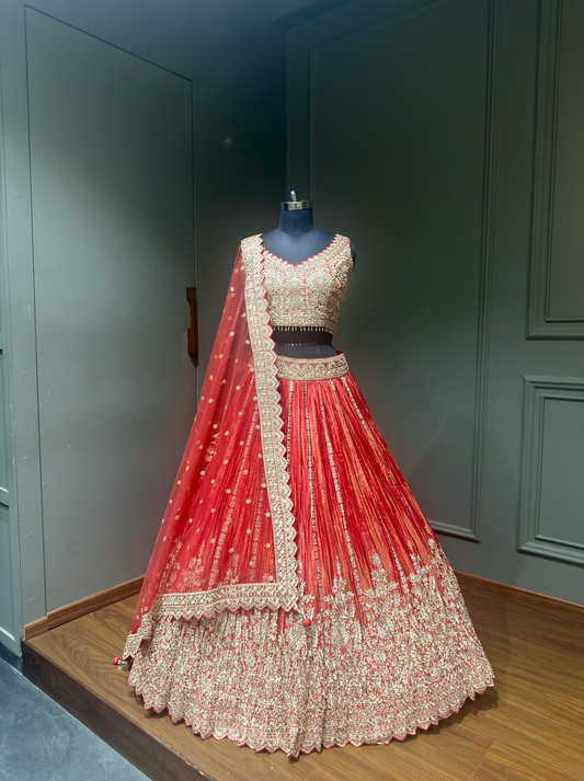 Carrot Orange Zari Embroidered Festive Lehenga Choli