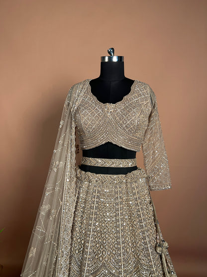 Champagne Beige Diamond-Cut Mirror Work Lehenga with Thread Embroidery