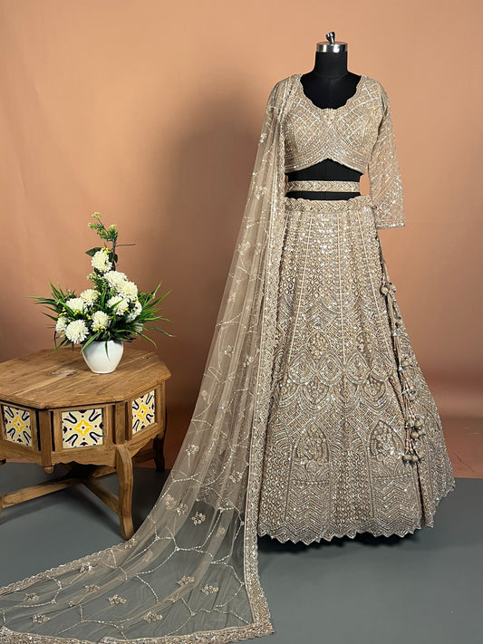 Champagne Beige Diamond-Cut Mirror Work Lehenga with Thread Embroidery