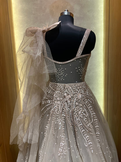 Champagne Beige Embellished Gown with Statement Shoulder Bow