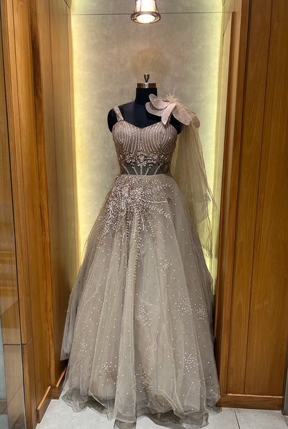 Champagne Beige Embellished Gown with Statement Shoulder Bow