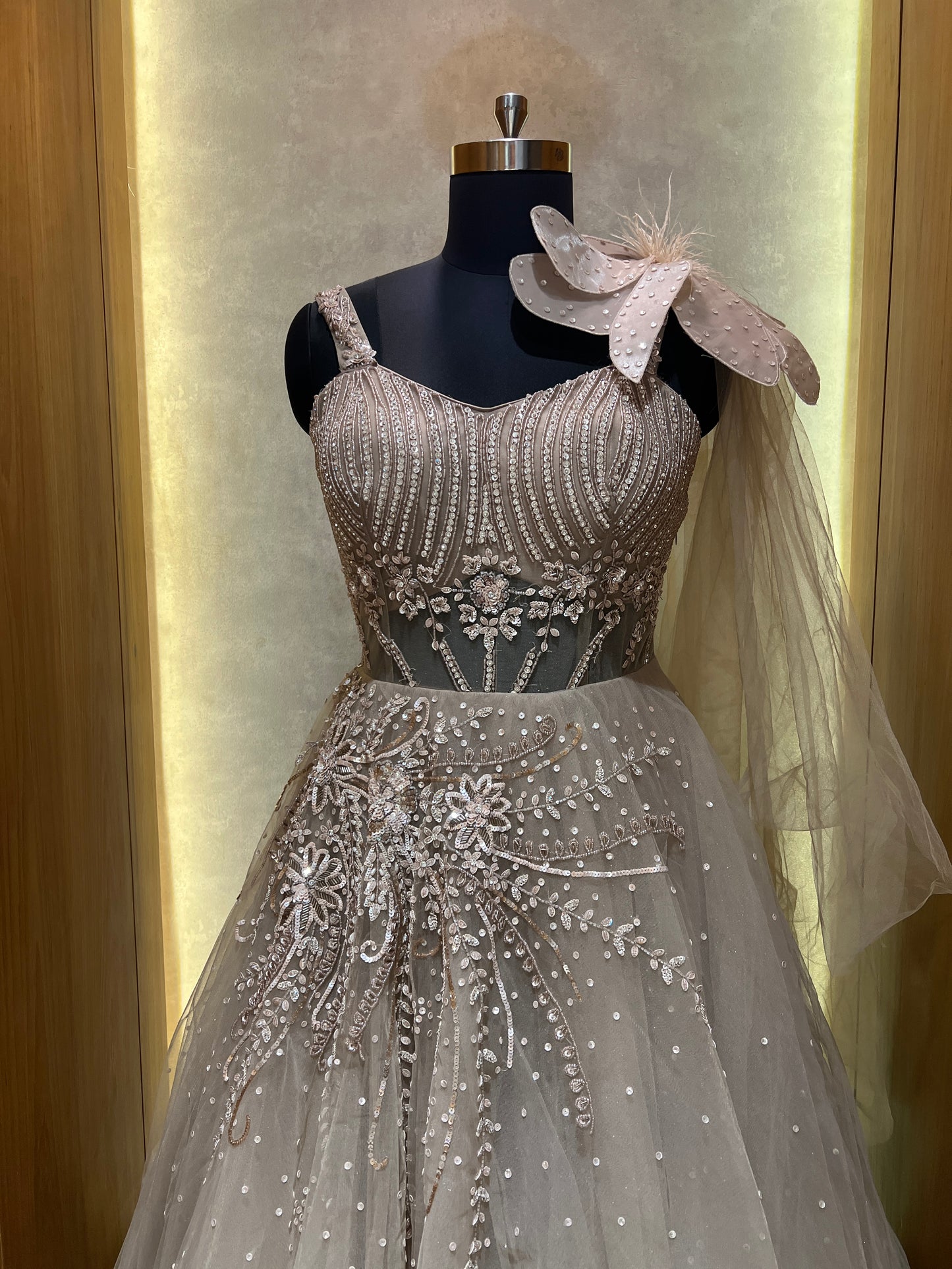 Champagne Beige Embellished Gown with Statement Shoulder Bow