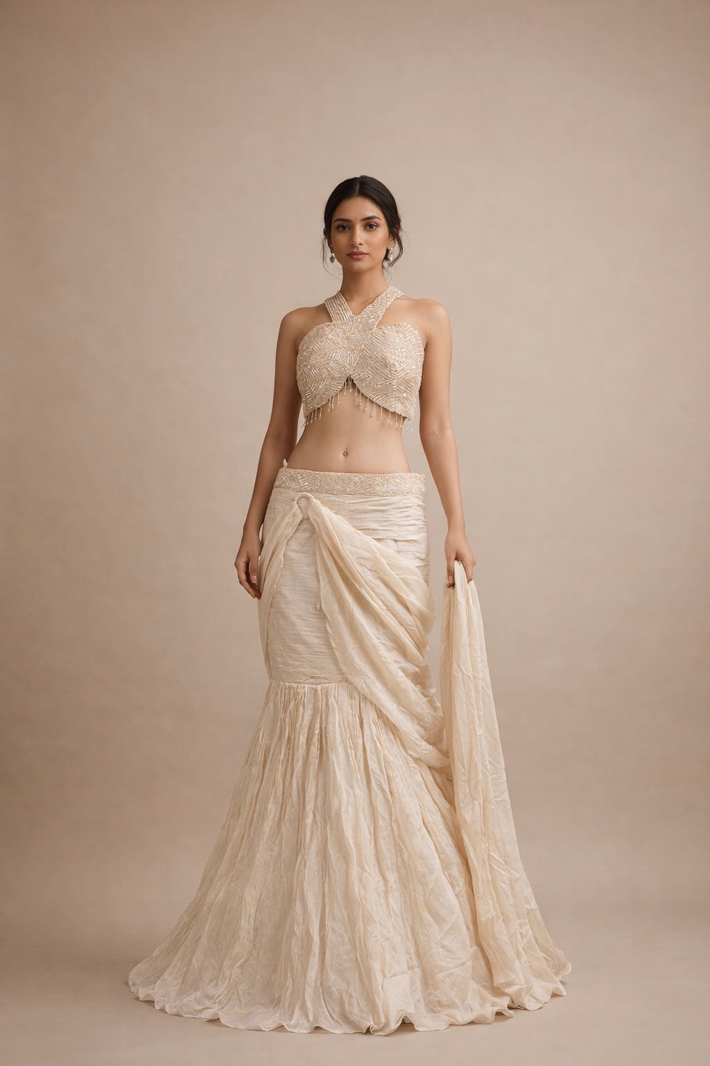 Champagne Beige Embroidered Halter Lehenga Choli with Draped Skirt