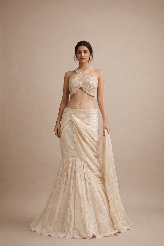 Champagne Beige Embroidered Halter Lehenga Choli with Draped Skirt