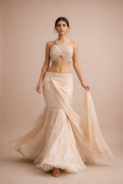 Champagne Beige Embroidered Halter Lehenga Choli with Draped Skirt
