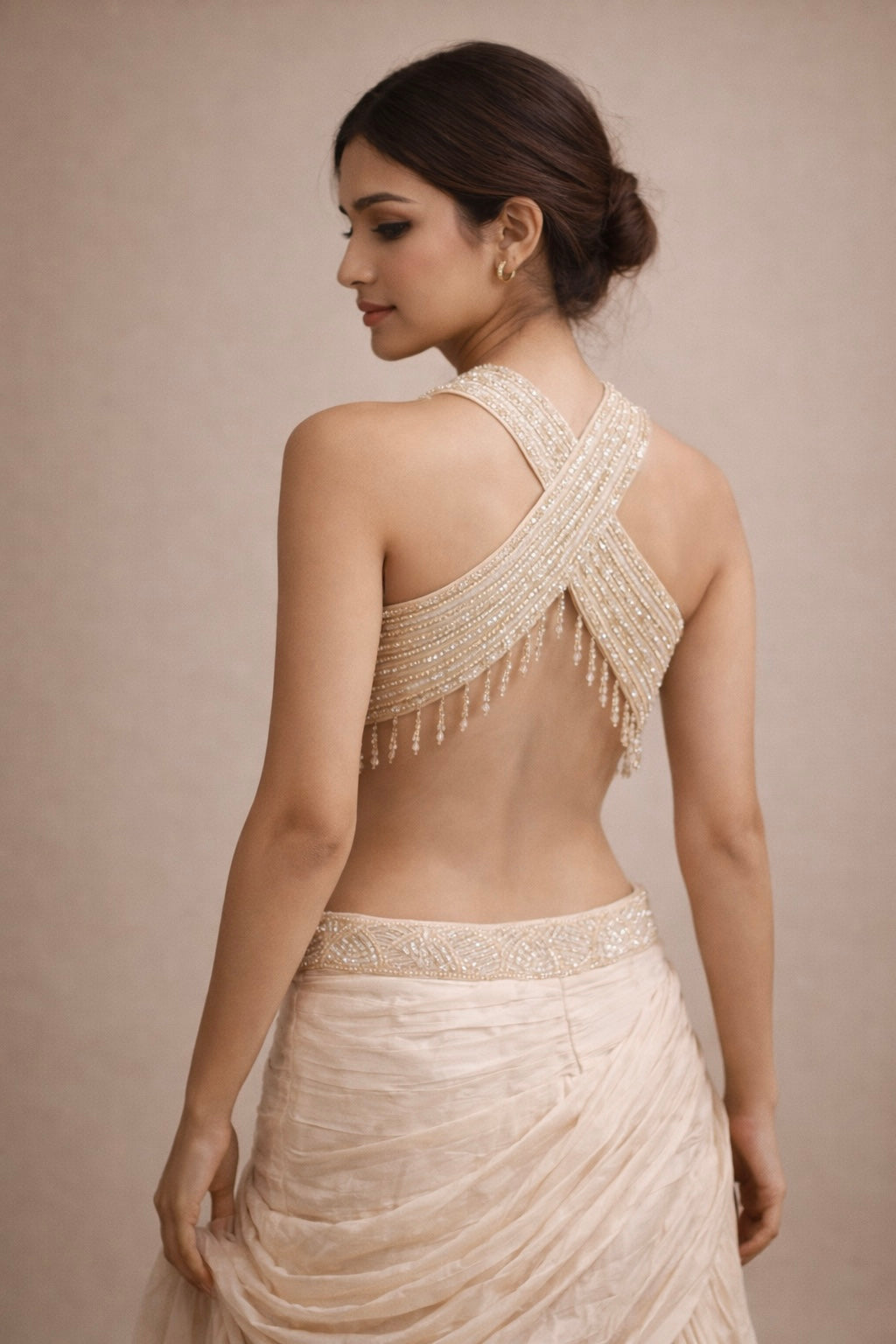Champagne Beige Embroidered Halter Lehenga Choli with Draped Skirt