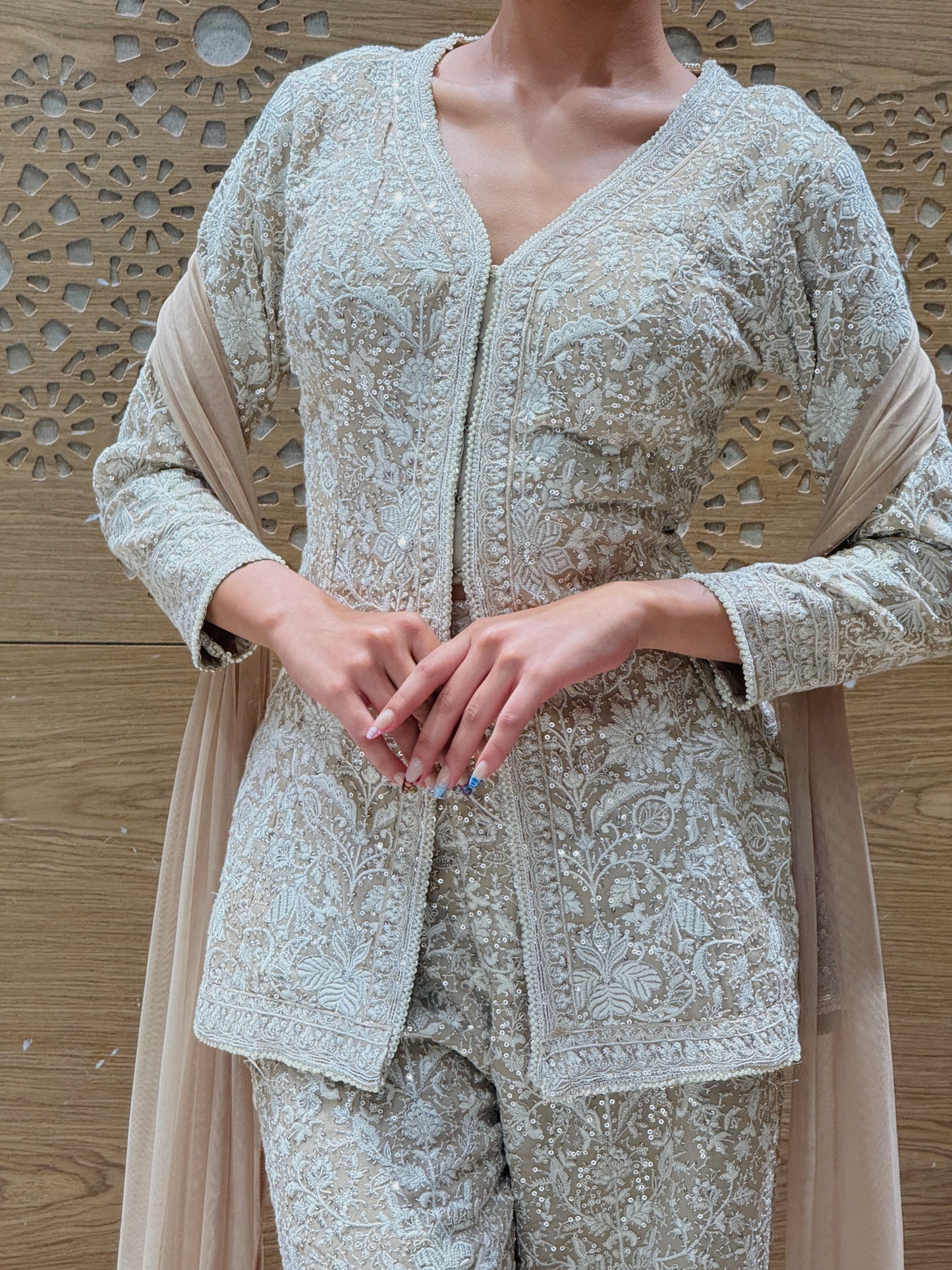 Champagne Beige Embroidered Sharara Set with Jacket Kurti