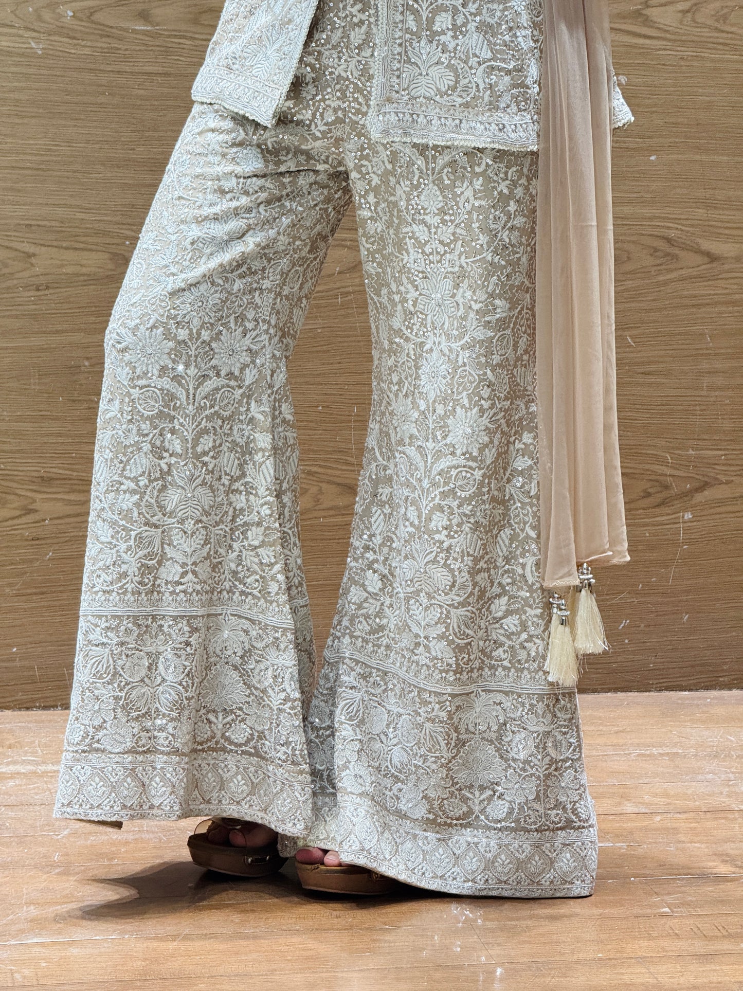 Champagne Beige Embroidered Sharara Set with Jacket Kurti