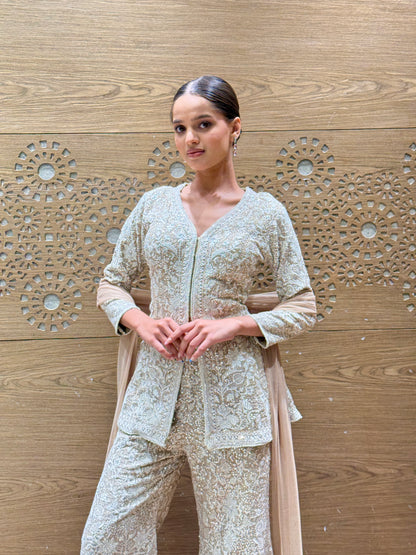 Champagne Beige Embroidered Sharara Set with Jacket Kurti