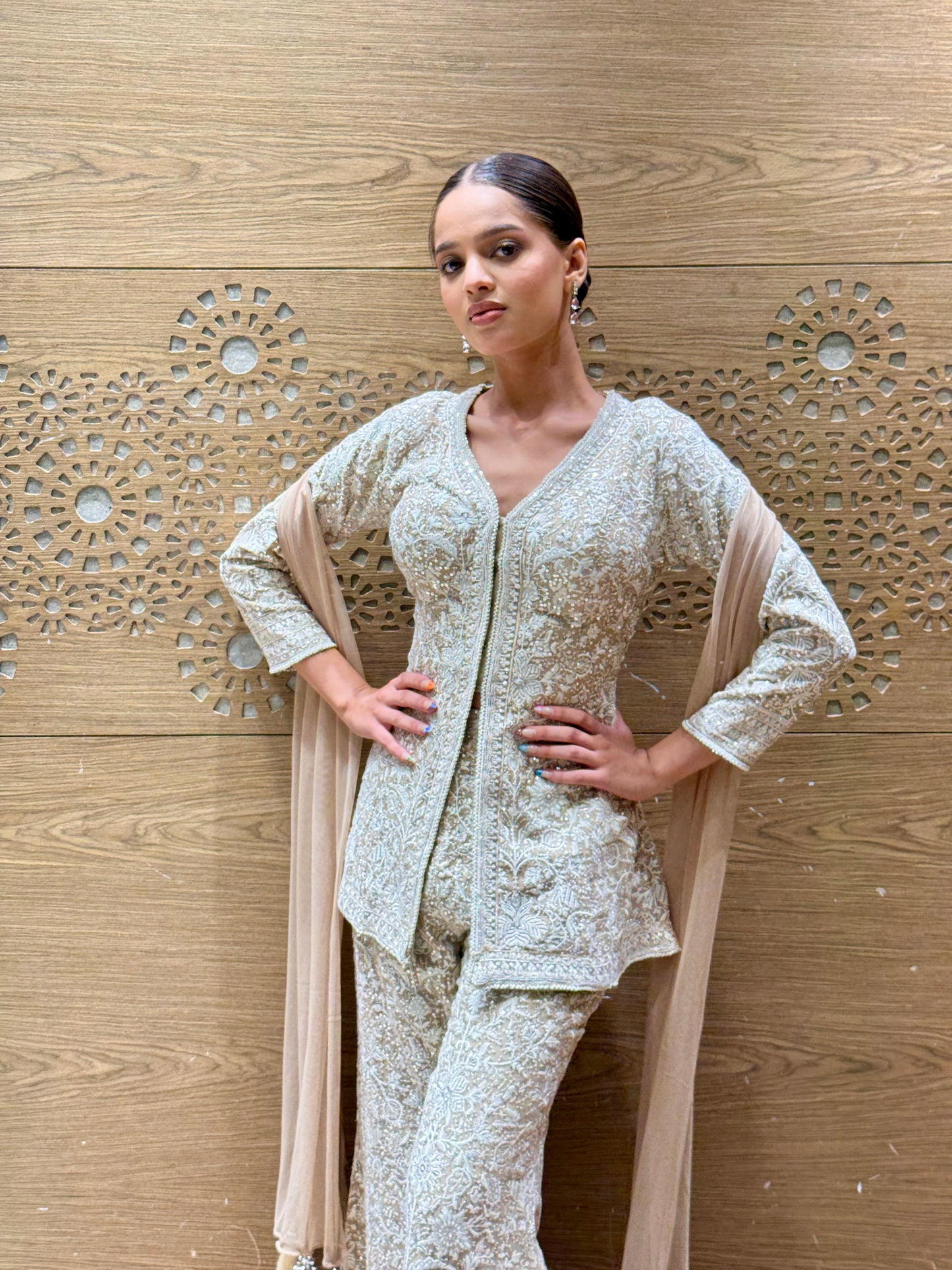 Champagne Beige Embroidered Sharara Set with Jacket Kurti