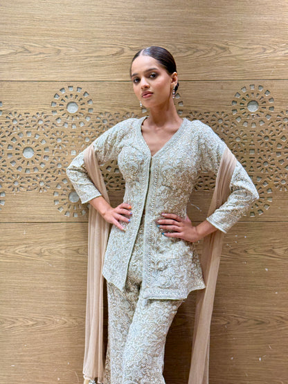 Champagne Beige Embroidered Sharara Set with Jacket Kurti