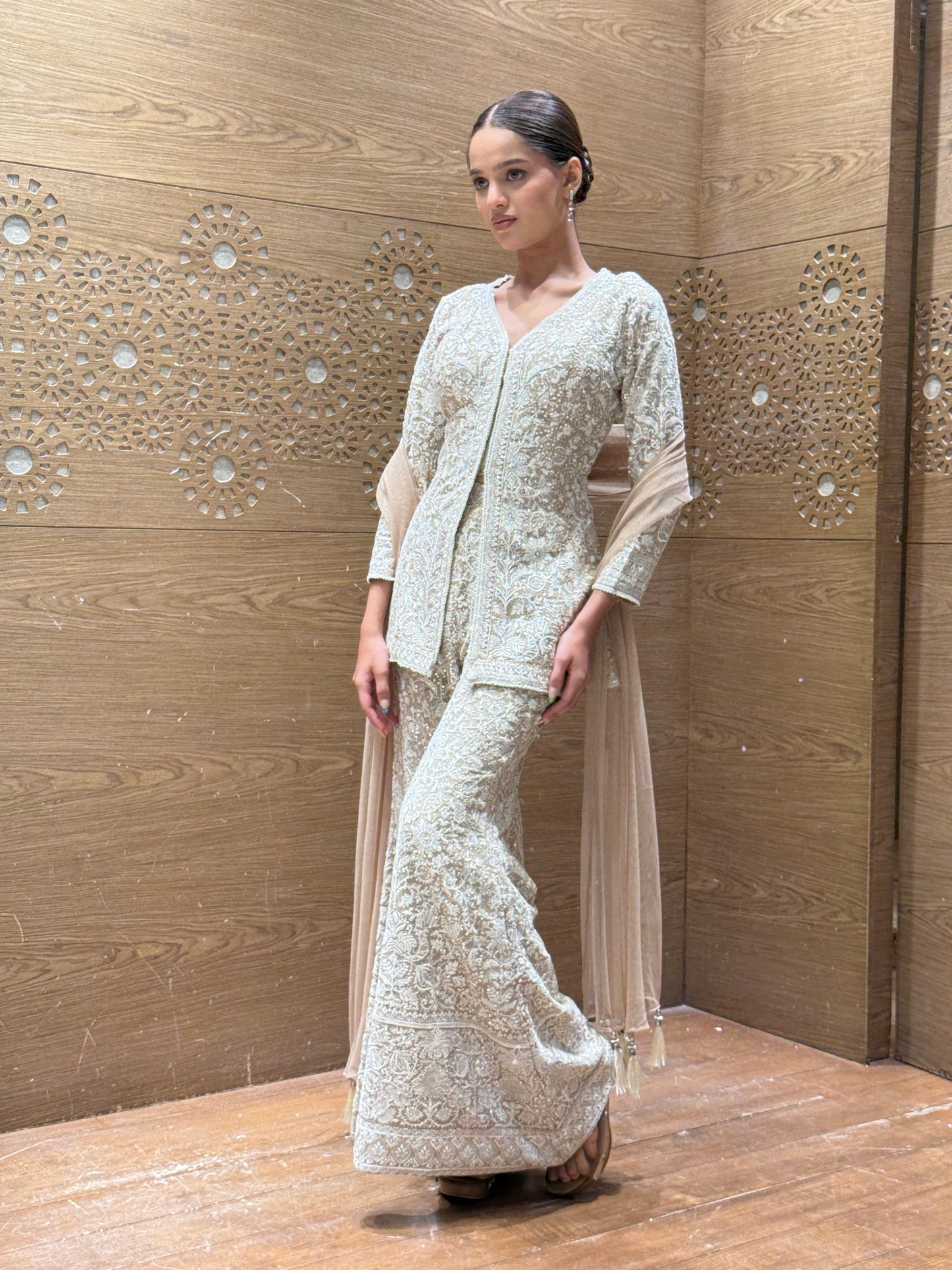 Champagne Beige Embroidered Sharara Set with Jacket Kurti