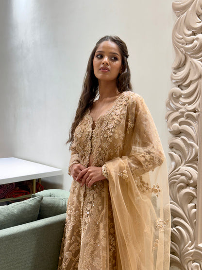 Champagne Gold Heavily Hand Embroidered Sharara Set