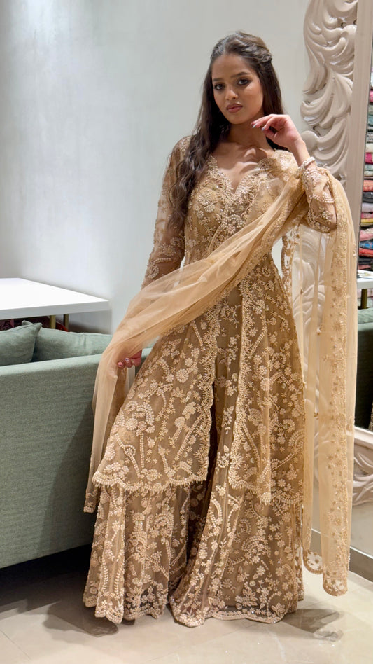 Champagne Gold Heavily Hand Embroidered Sharara Set