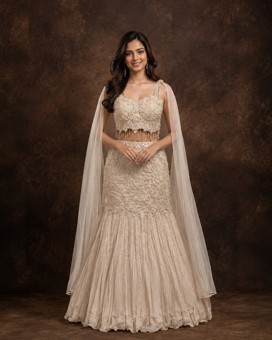 Champagne Beige Mermaid Lehenga Set