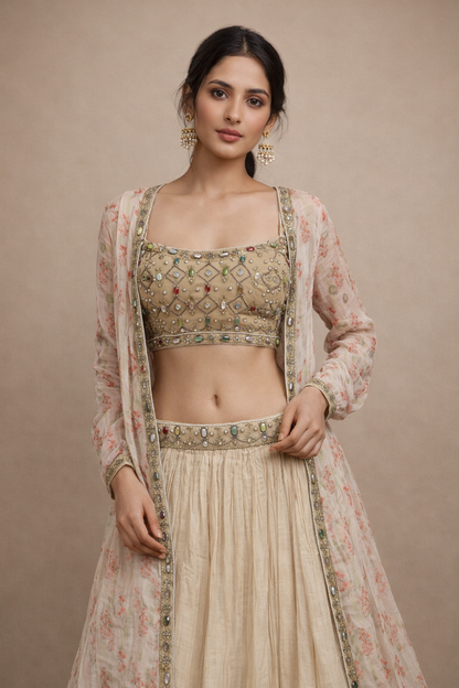 Champagne Beige Stone Work Lehenga Set with Organza Jacket
