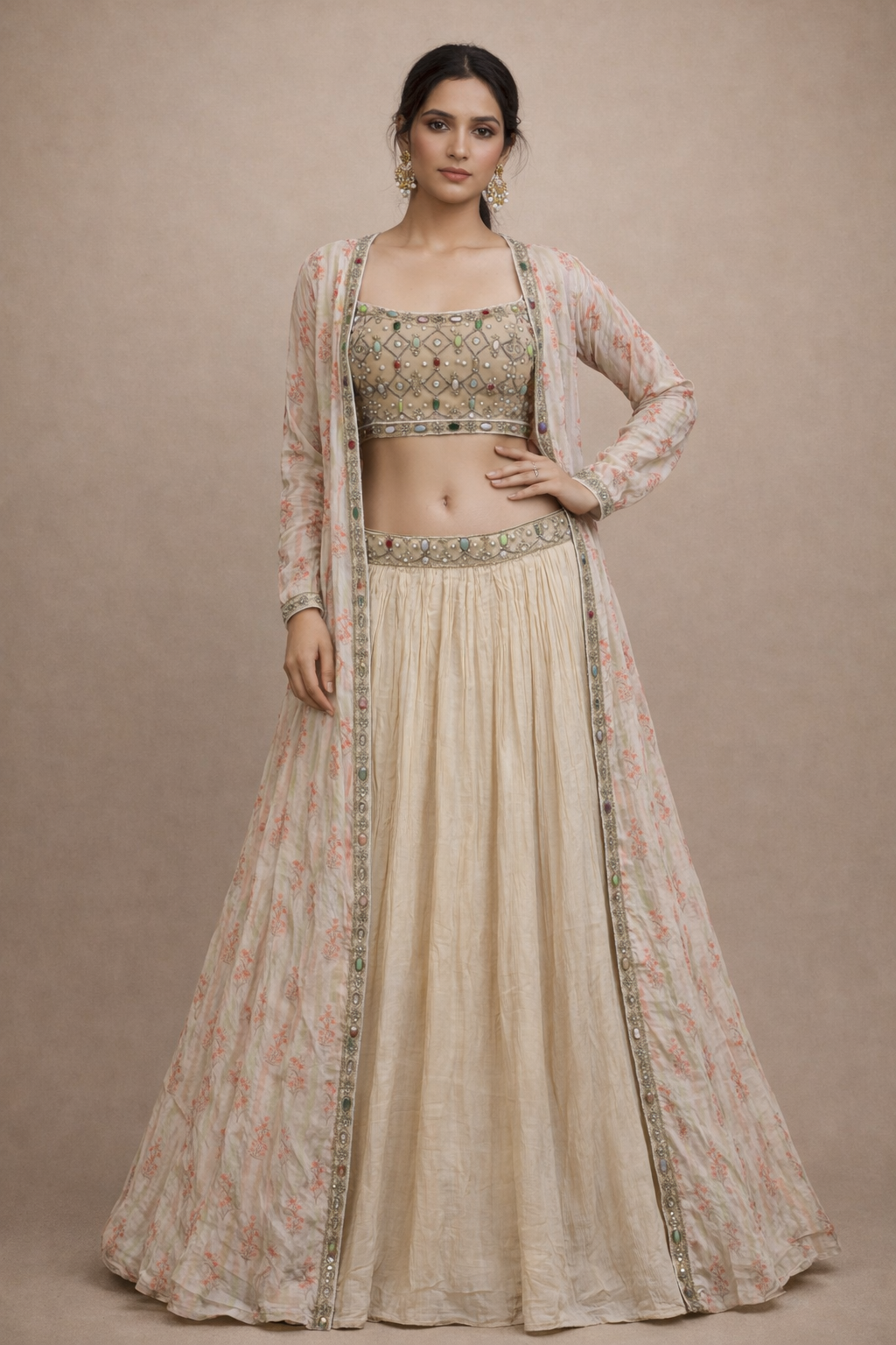 Champagne Beige Stone Work Lehenga Set with Organza Jacket