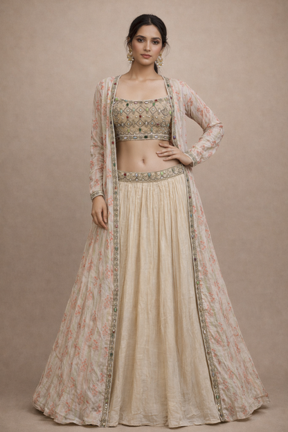 Champagne Beige Stone Work Lehenga Set with Organza Jacket