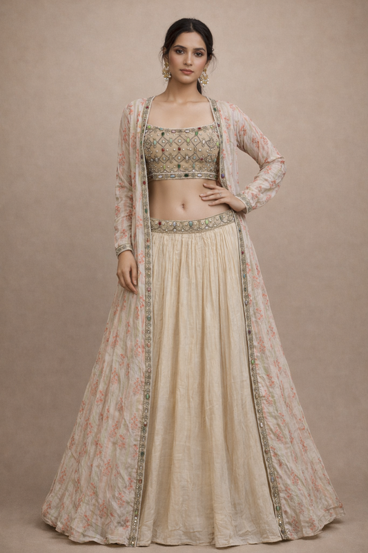 Champagne Beige Stone Work Lehenga Set with Organza Jacket