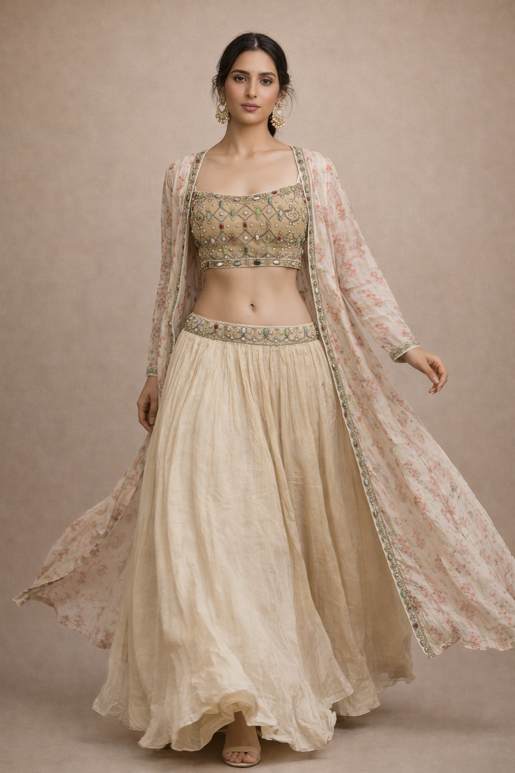 Champagne Beige Stone Work Lehenga Set with Organza Jacket