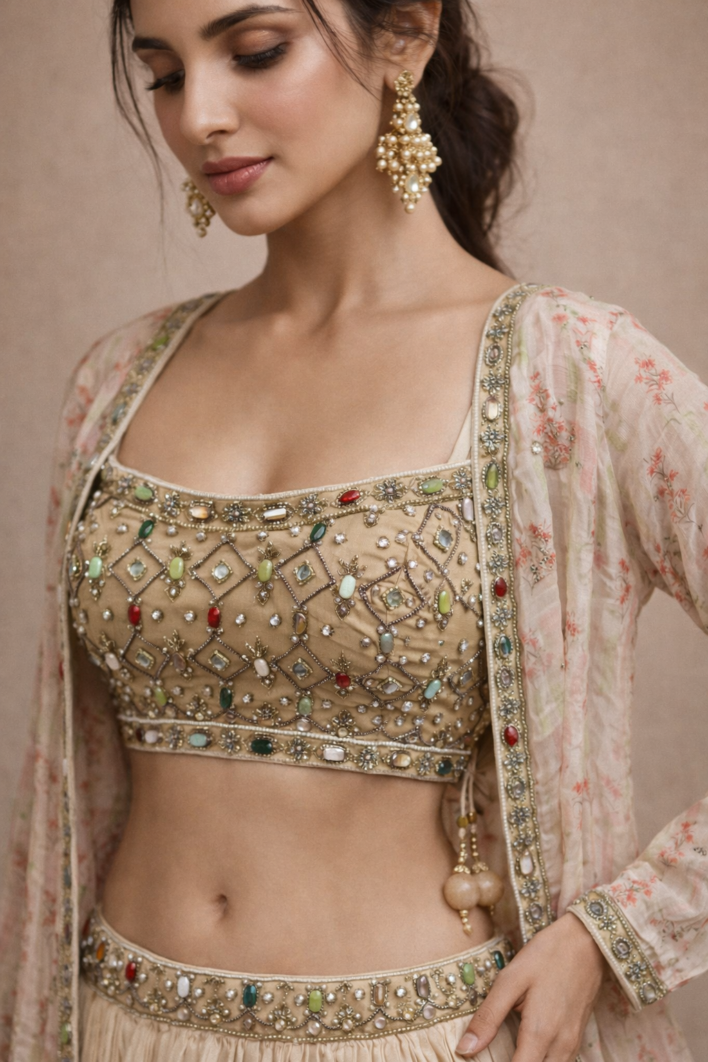 Champagne Beige Stone Work Lehenga Set with Organza Jacket