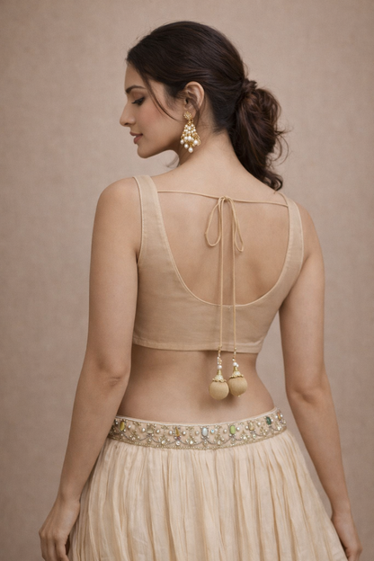 Champagne Beige Stone Work Lehenga Set with Organza Jacket