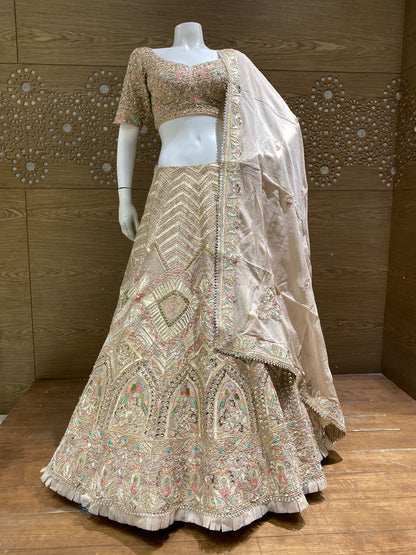 Champagne Beige and Multicolor Embroidered Bridal Lehenga Set with Floral Zari Work Dupatta