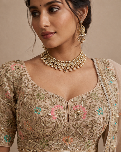 Champagne Beige and Multicolor Embroidered Bridal Lehenga Set with Floral Zari Work Dupatta