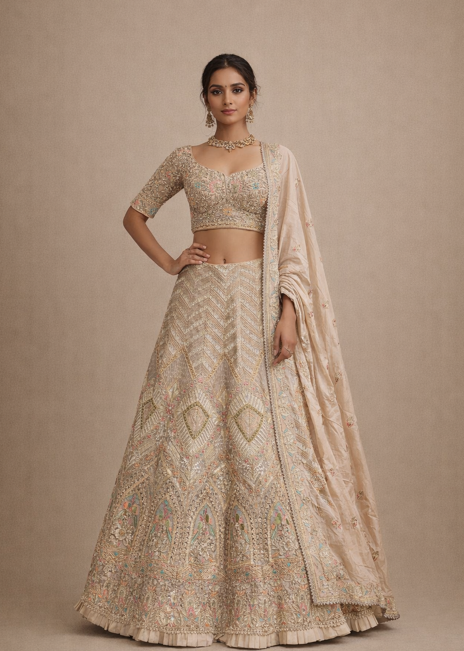 Champagne Beige and Multicolor Embroidered Bridal Lehenga Set with Floral Zari Work Dupatta