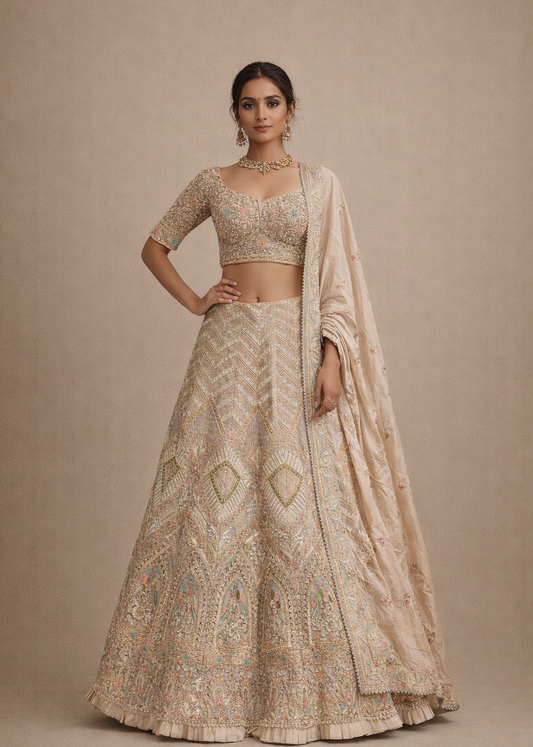 Champagne Beige and Multicolor Embroidered Bridal Lehenga Set with Floral Zari Work Dupatta