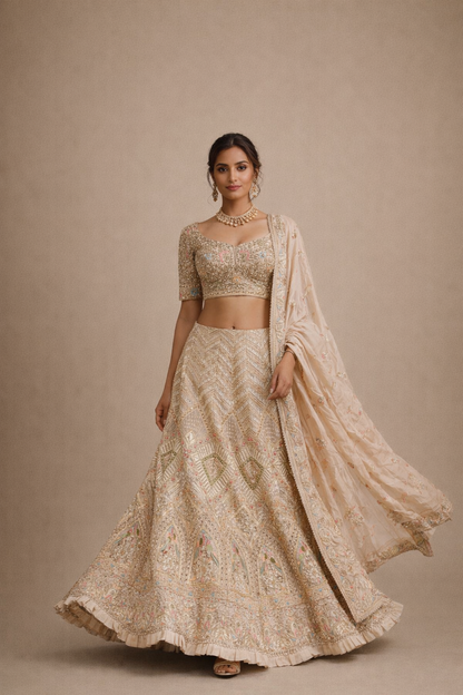 Champagne Beige and Multicolor Embroidered Bridal Lehenga Set with Floral Zari Work Dupatta