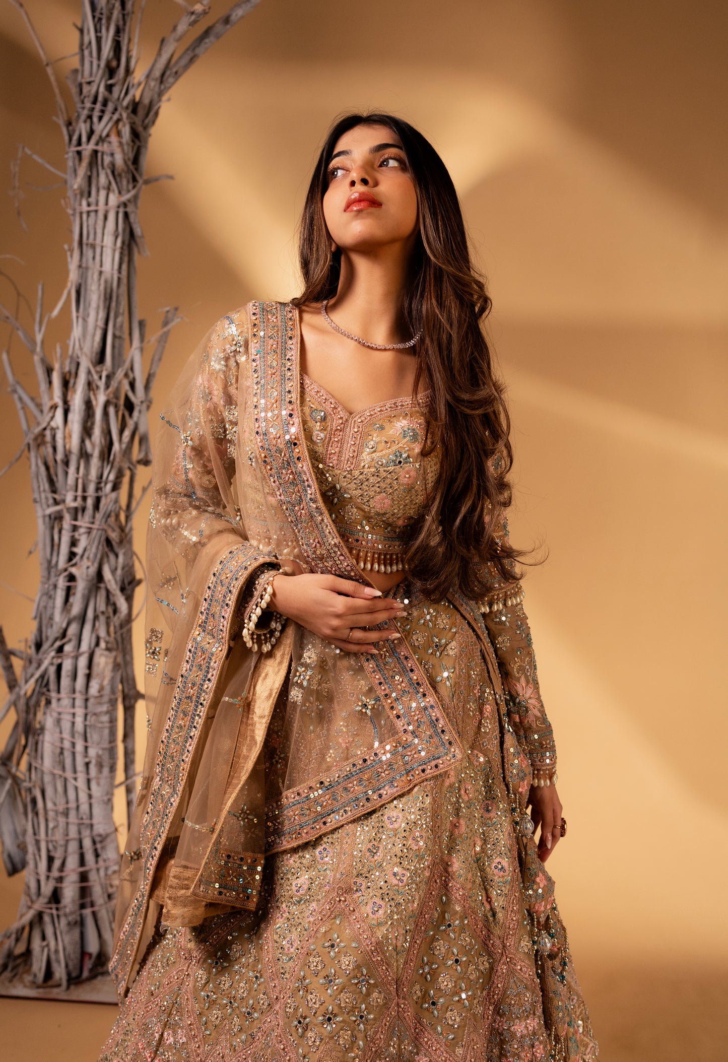 Champagne Blush Heavy Embroidered Bridal Lehenga with Sequin & Mirror Work