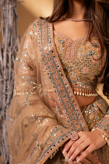 Champagne Blush Heavy Embroidered Bridal Lehenga with Sequin & Mirror Work