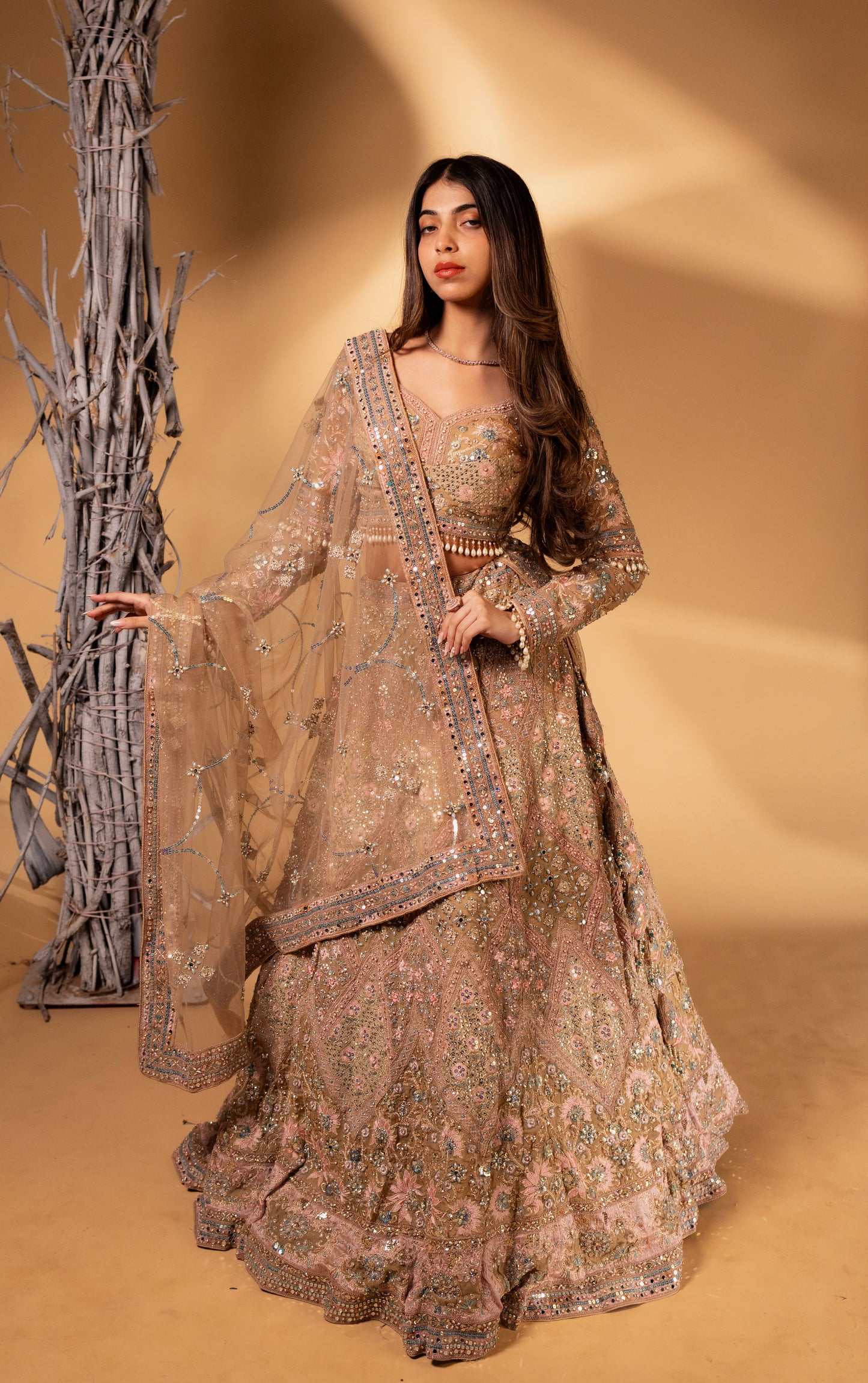Champagne Blush Heavy Embroidered Bridal Lehenga with Sequin & Mirror Work