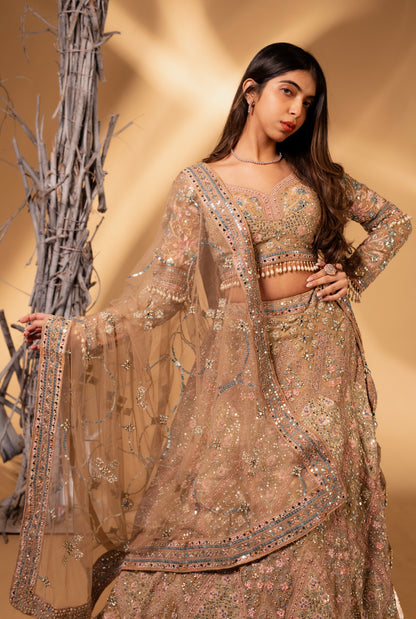Champagne Blush Heavy Embroidered Bridal Lehenga with Sequin & Mirror Work