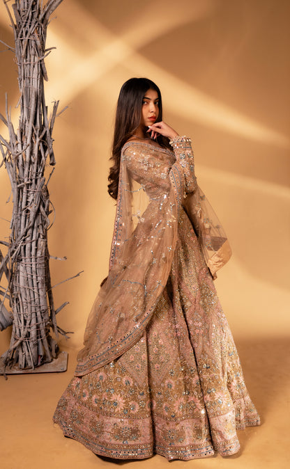 Champagne Blush Heavy Embroidered Bridal Lehenga with Sequin & Mirror Work