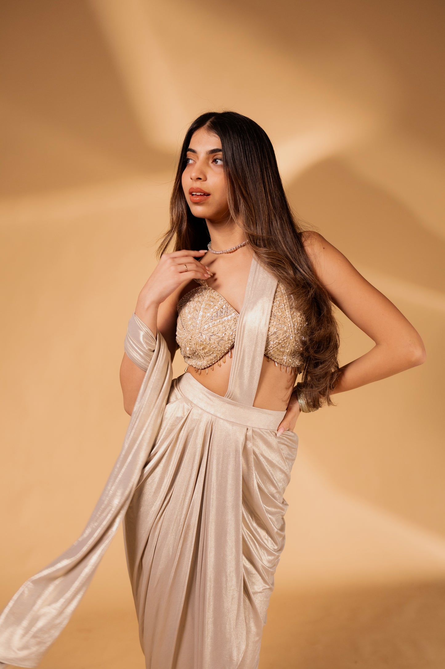 Champagne Gold Draped Saree Gown with Sequin Embellished Blouse