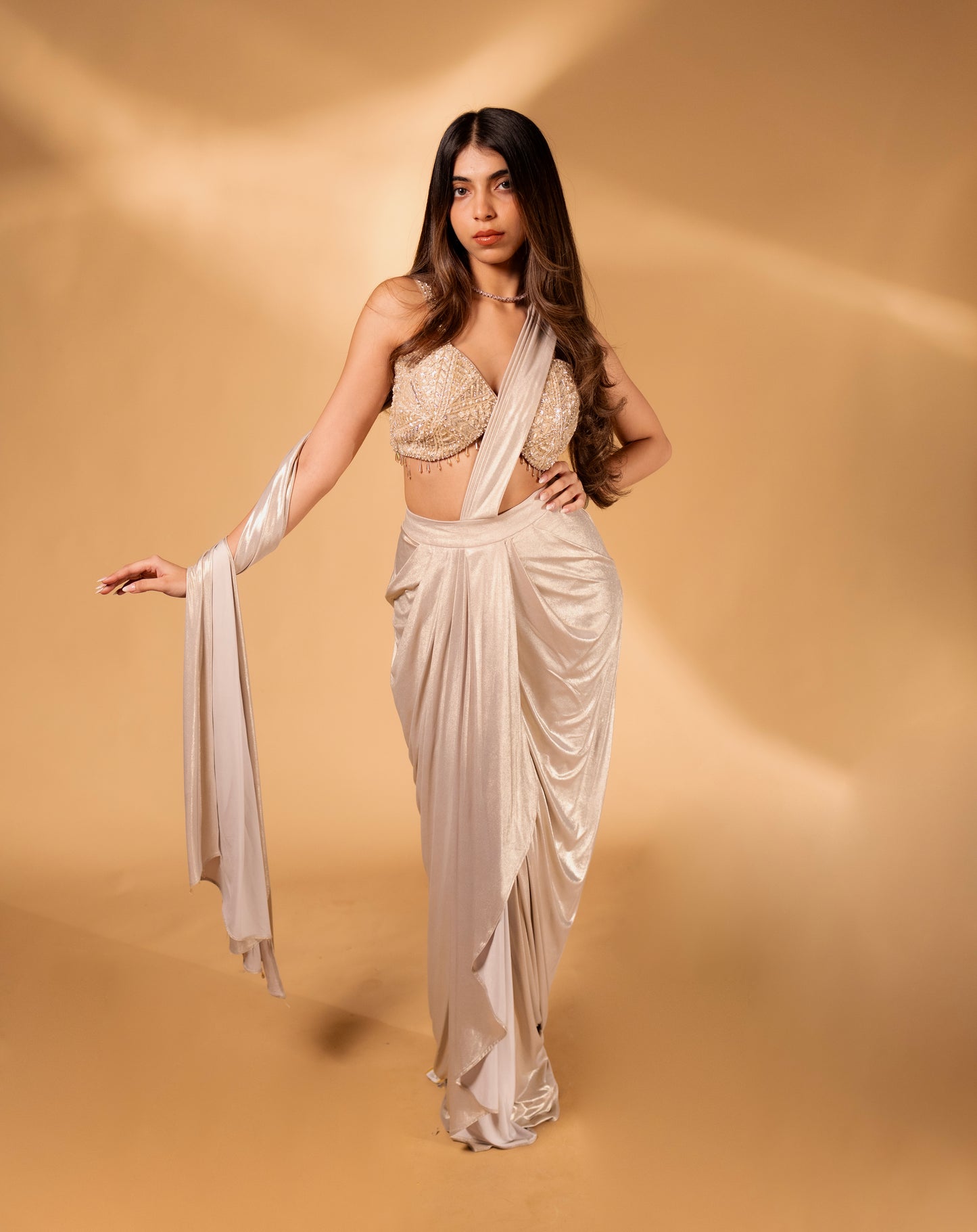 Champagne Gold Draped Saree Gown with Sequin Embellished Blouse