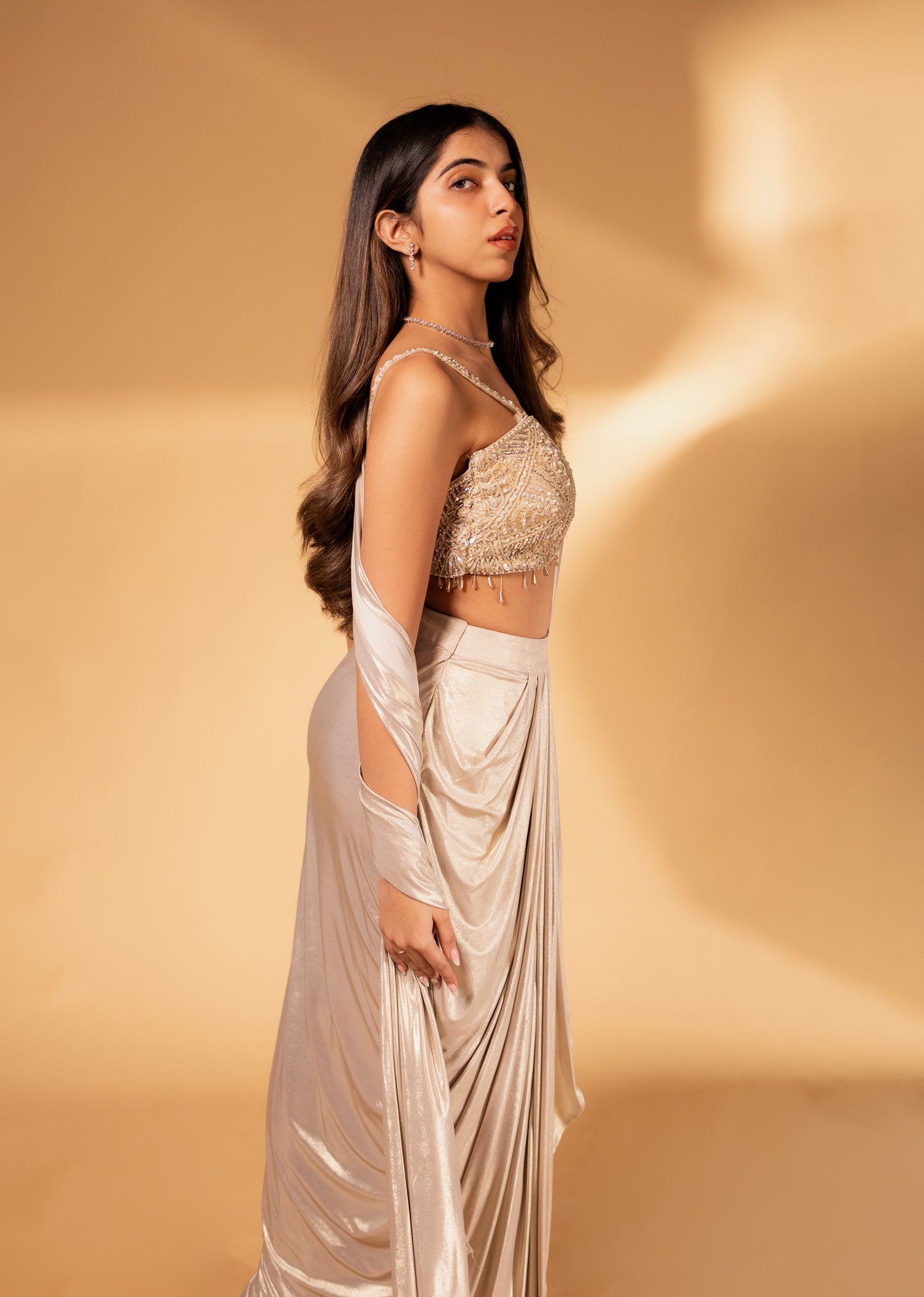 Champagne Gold Draped Saree Gown with Sequin Embellished Blouse