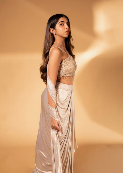 Champagne Gold Draped Saree Gown with Sequin Embellished Blouse