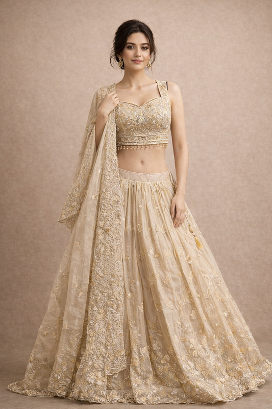 Champagne Gold Embroidered Designer Lehenga Choli with Dupatta