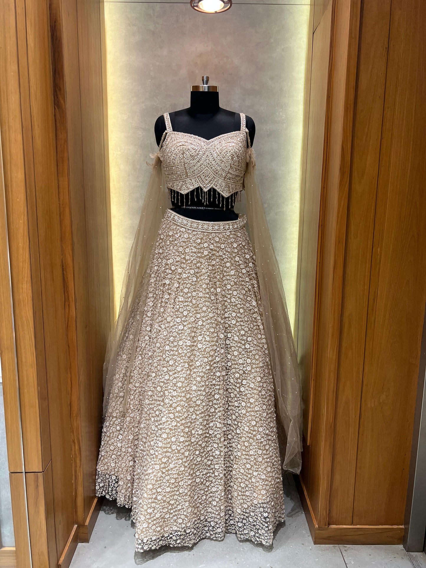 Champagne Gold Embroidered Lehenga with Beaded Blouse and Net Cape Dupatta