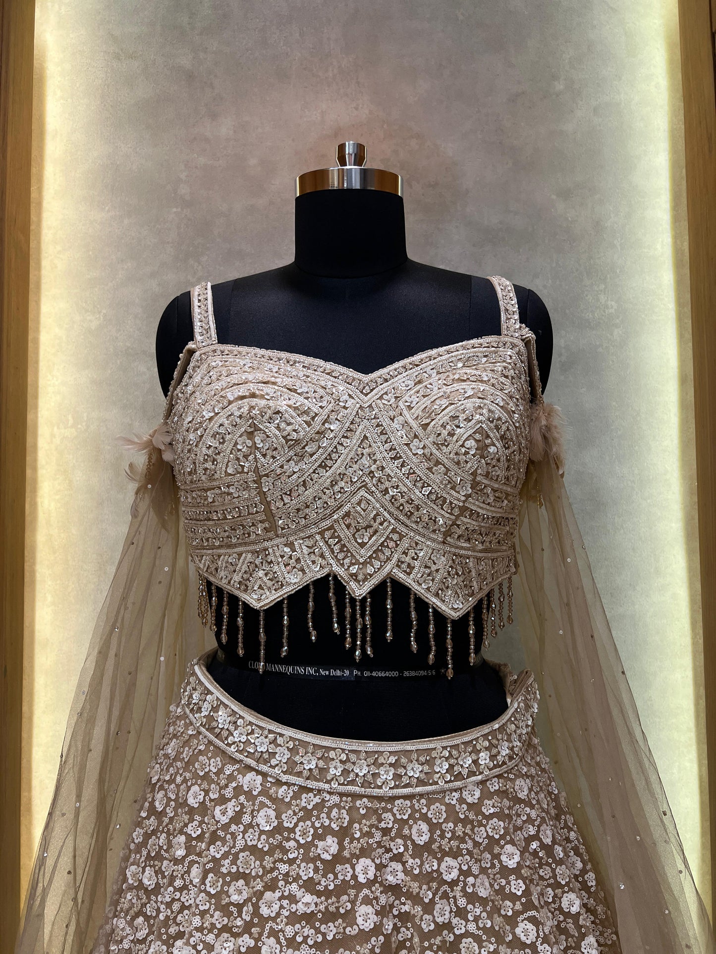 Champagne Gold Embroidered Lehenga with Beaded Blouse and Net Cape Dupatta