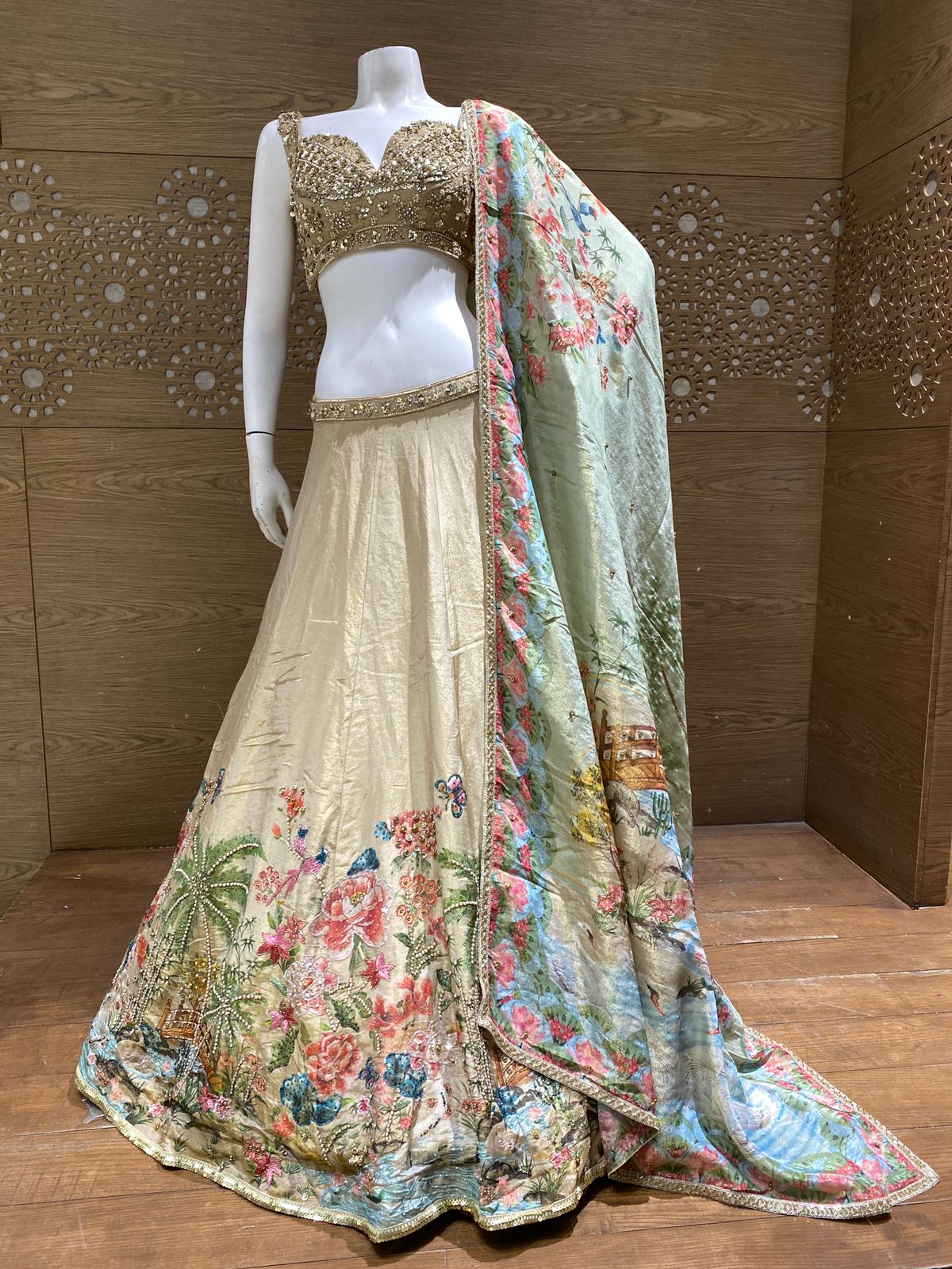 Champagne Gold Floral Printed Silk Lehenga Choli with Pastel Green Dupatta