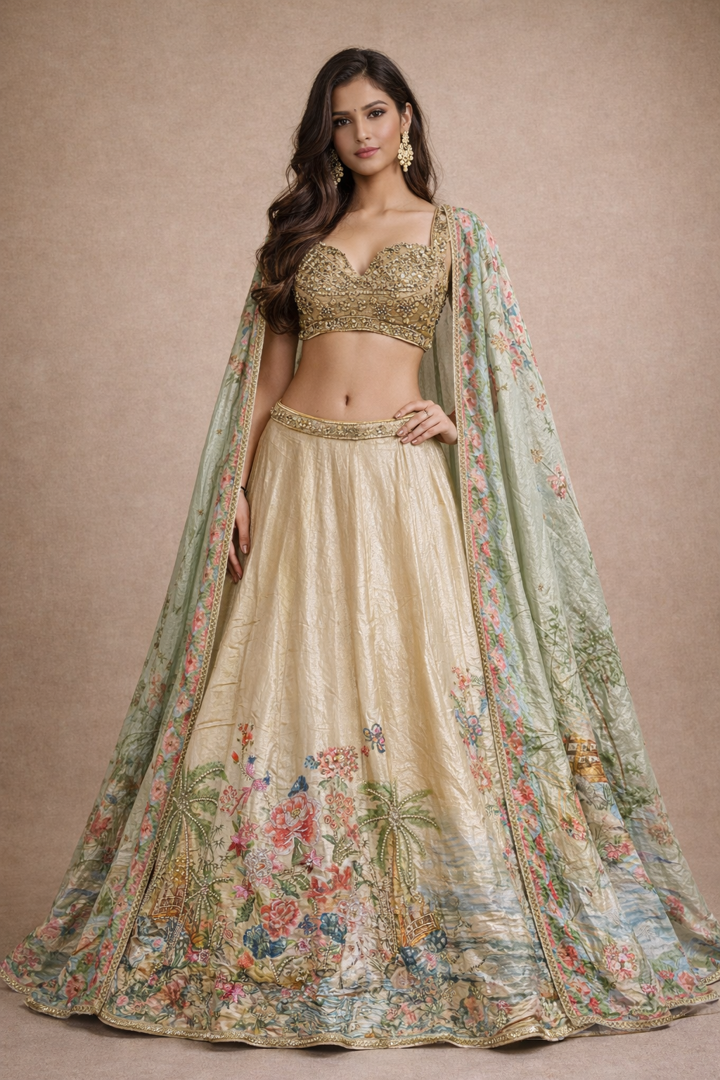 Champagne Gold Floral Printed Silk Lehenga Choli with Pastel Green Dupatta