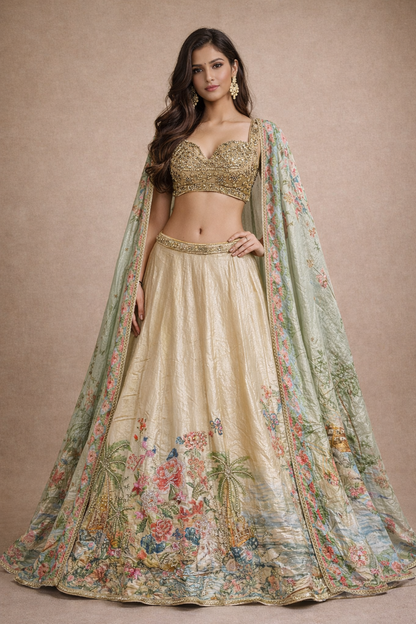 Champagne Gold Floral Printed Silk Lehenga Choli with Pastel Green Dupatta