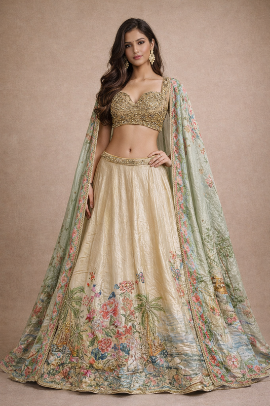 Champagne Gold Floral Printed Silk Lehenga Choli with Pastel Green Dupatta