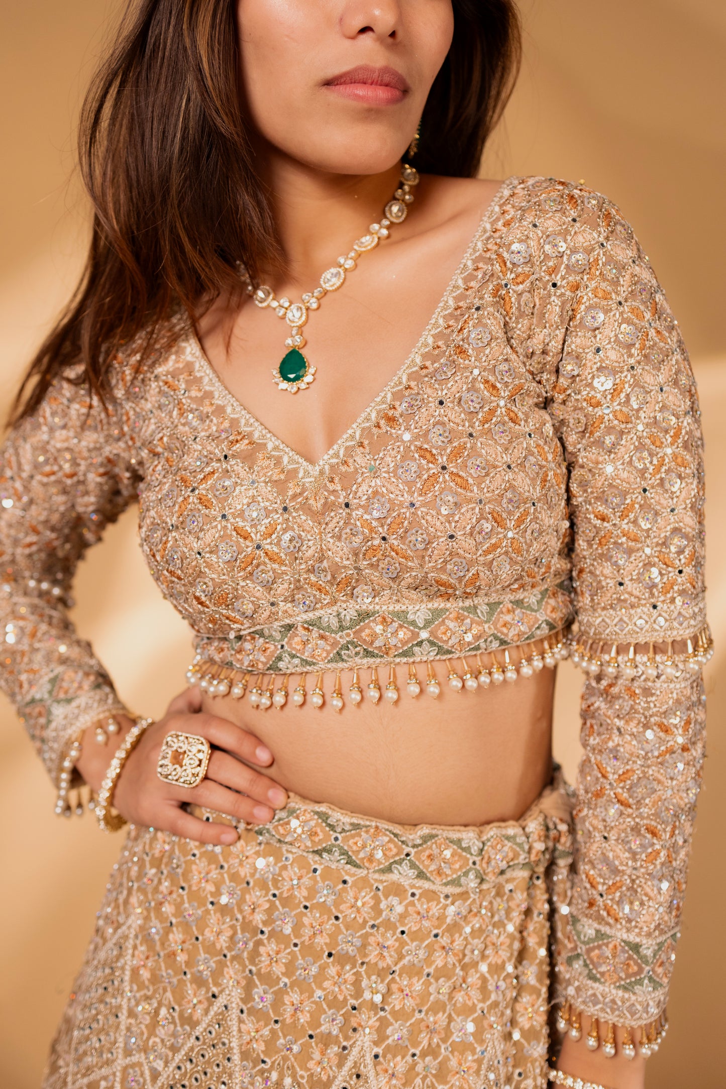 Champagne Gold Geometric Embroidered Mirror-Work Lehenga Choli