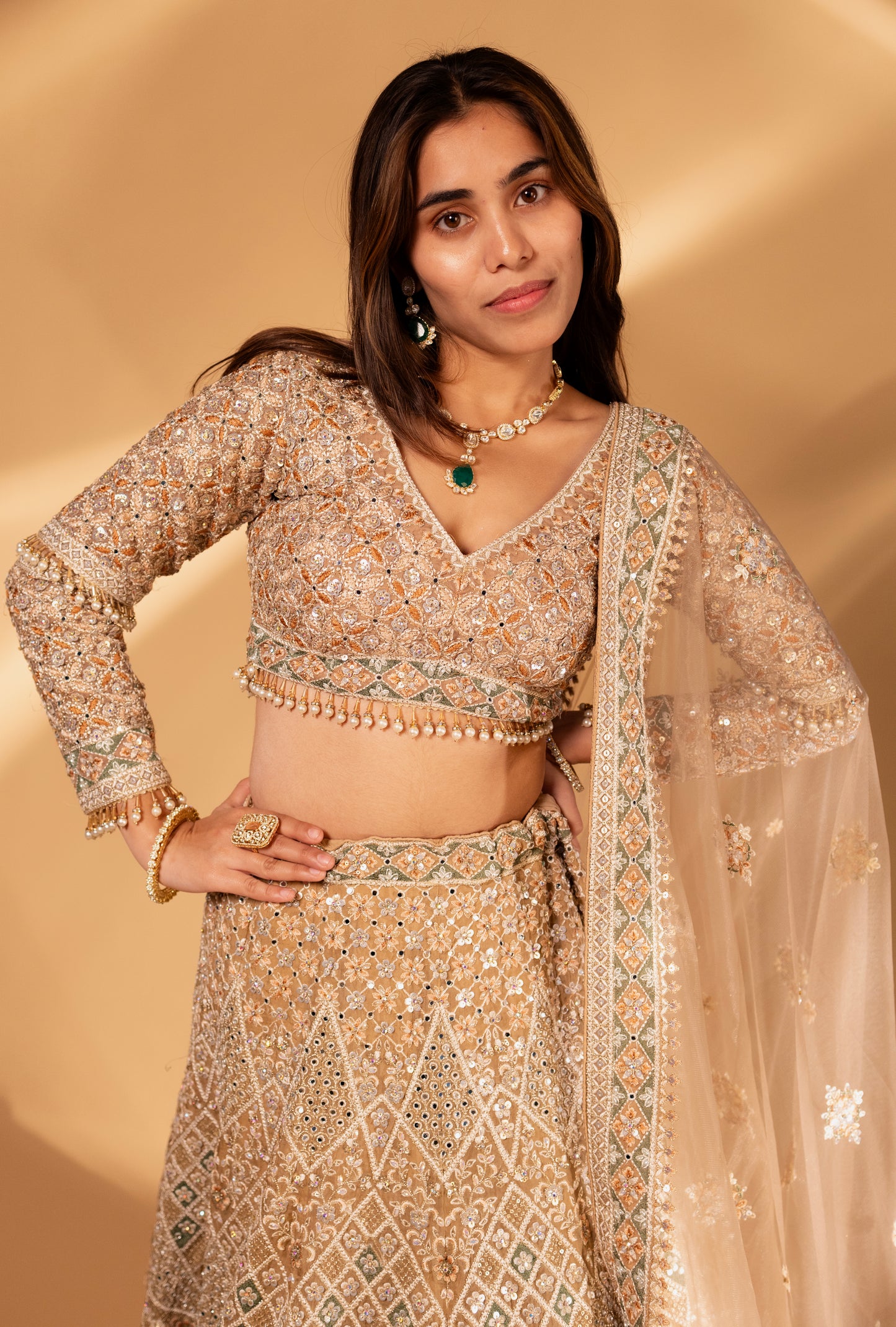 Champagne Gold Geometric Embroidered Mirror-Work Lehenga Choli