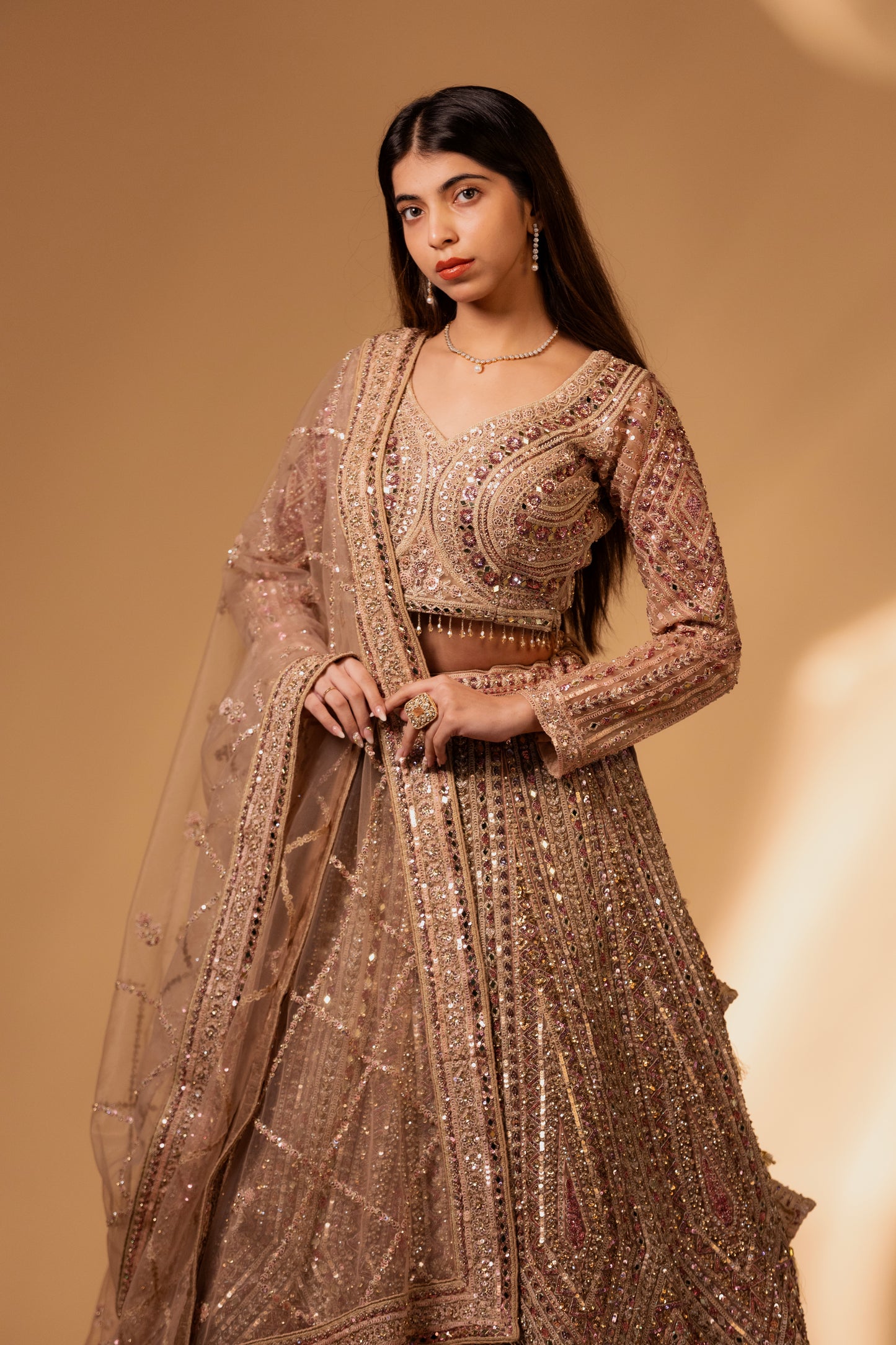 Champagne Gold Mirror-Work Embroidered Bridal Lehenga Choli